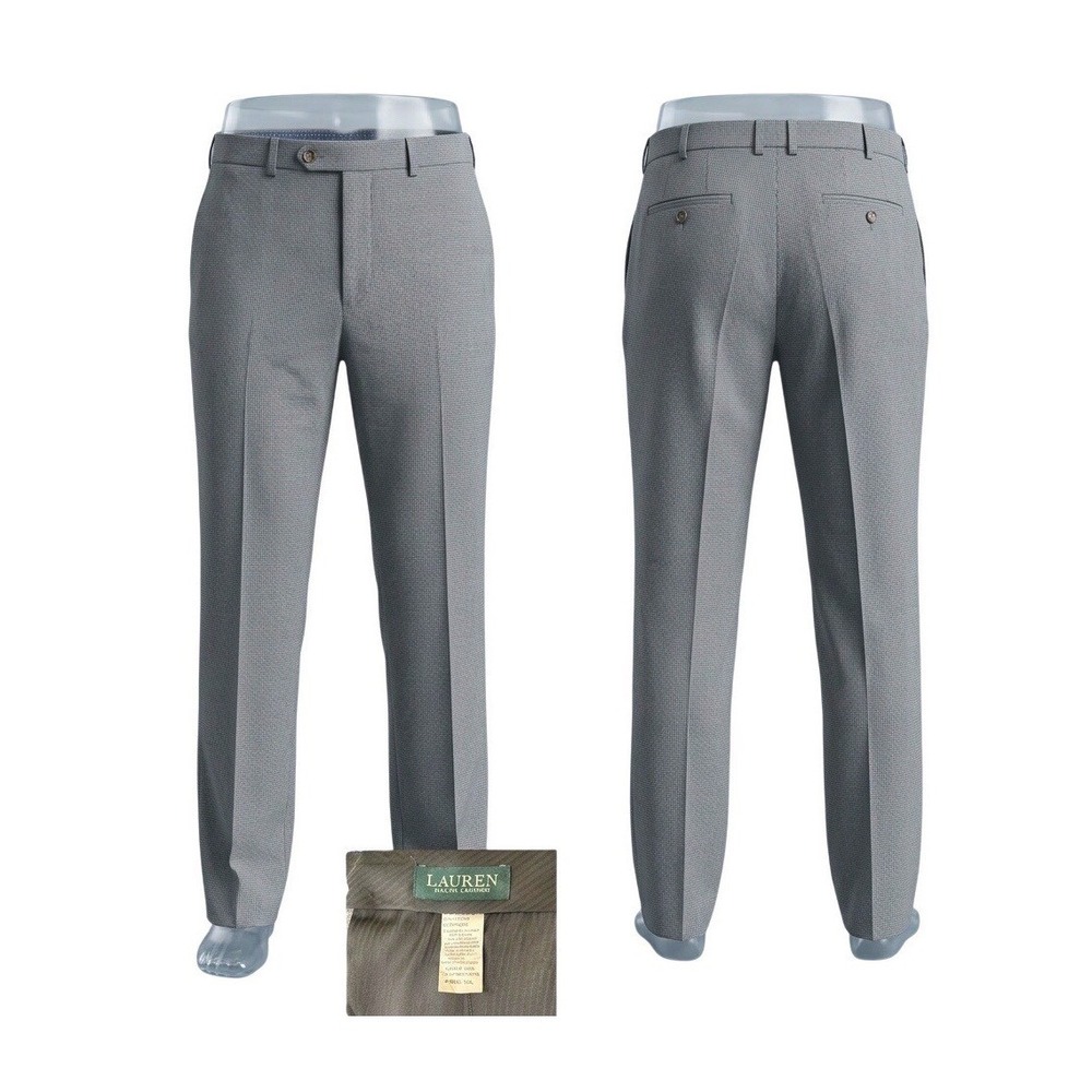 Lauren Ralph Lauren Mens Grey Micro Check Dress Pants 38W 31L Stretch *Read